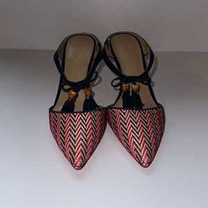 Ann Taylor point toe shoes with tassels 6.5 chevron design red blue cream heels